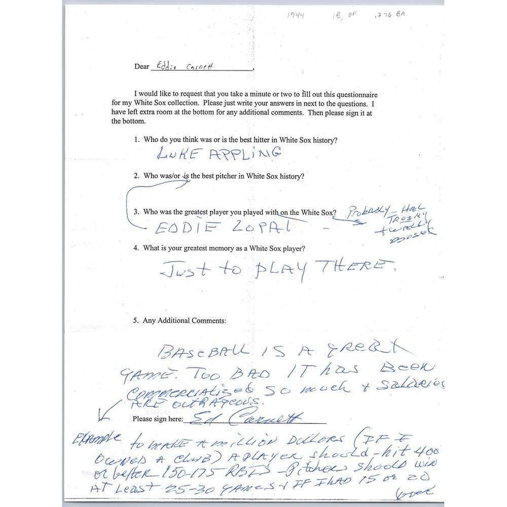 Ed Cornett Signed White Sox Baseball Questionnaire Autograph Handwritten Letter